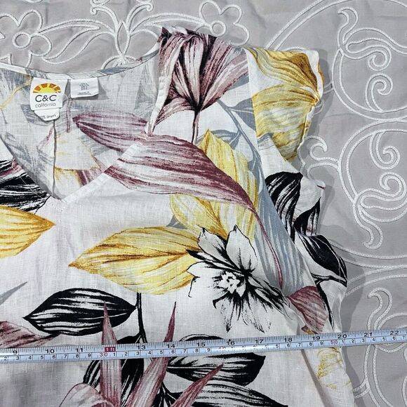 C&C California Dress Size Large Linen Tropical Floral Ruffle Sleeveless Shift - Picture 6 of 7